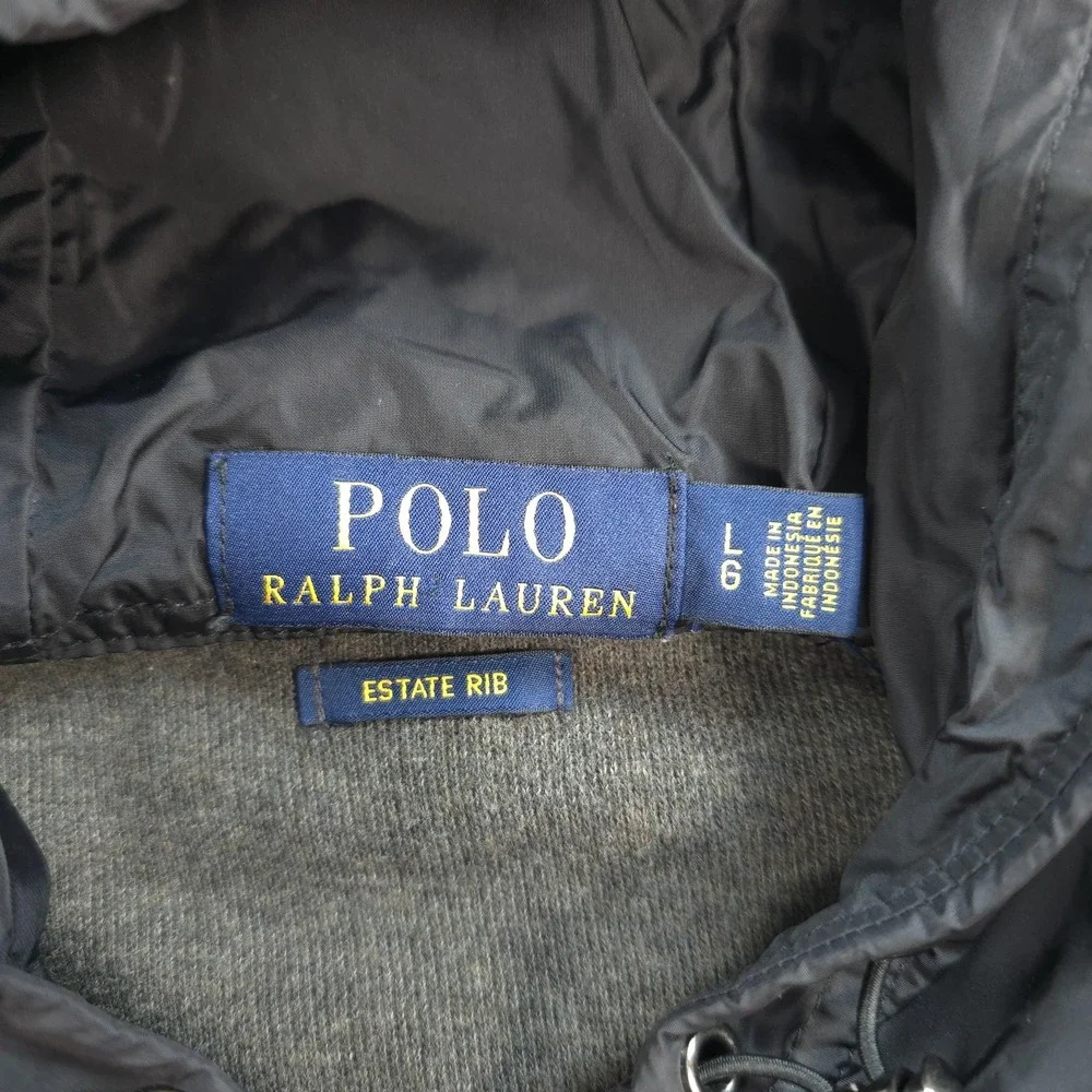 Polo Ralph Lauren Hoodie Mens Large Gray Estate Rib Full Zip Logo Nylon Hood